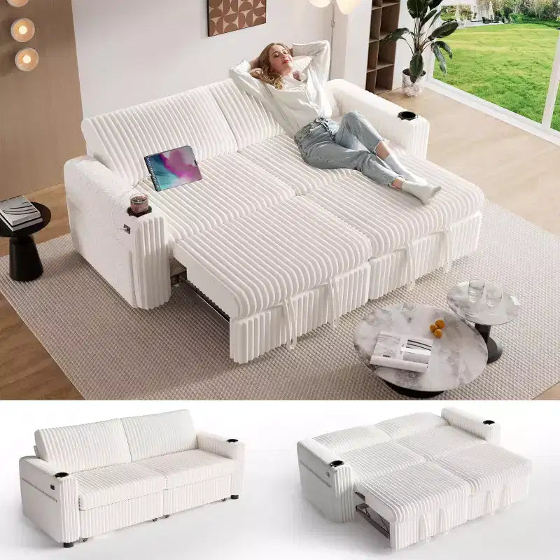 Divano letto componibile Dyonery 91 con letto estraibile, schienale reclinabile, due letti estraibili, porte USB e portabicchieri, in morbido velluto a coste