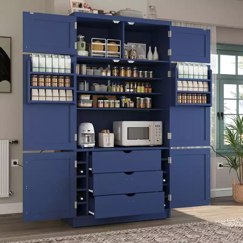 Dispensa alta da cucina con prese di corrente, grande armadio indipendente con supporto per microonde, cassetti, ripiani, portabottiglie e ripiano nell’anta