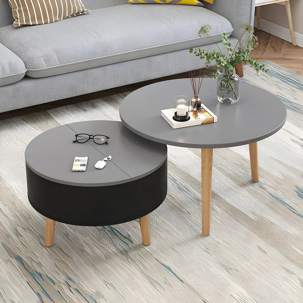 Tavolino da caffè moderno rotondo in legno bianco e nero con contenitore
