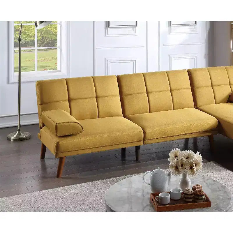Divanetto letto tufted regolabile – Lino, Gambe in legno, 180 cm, 2 posti