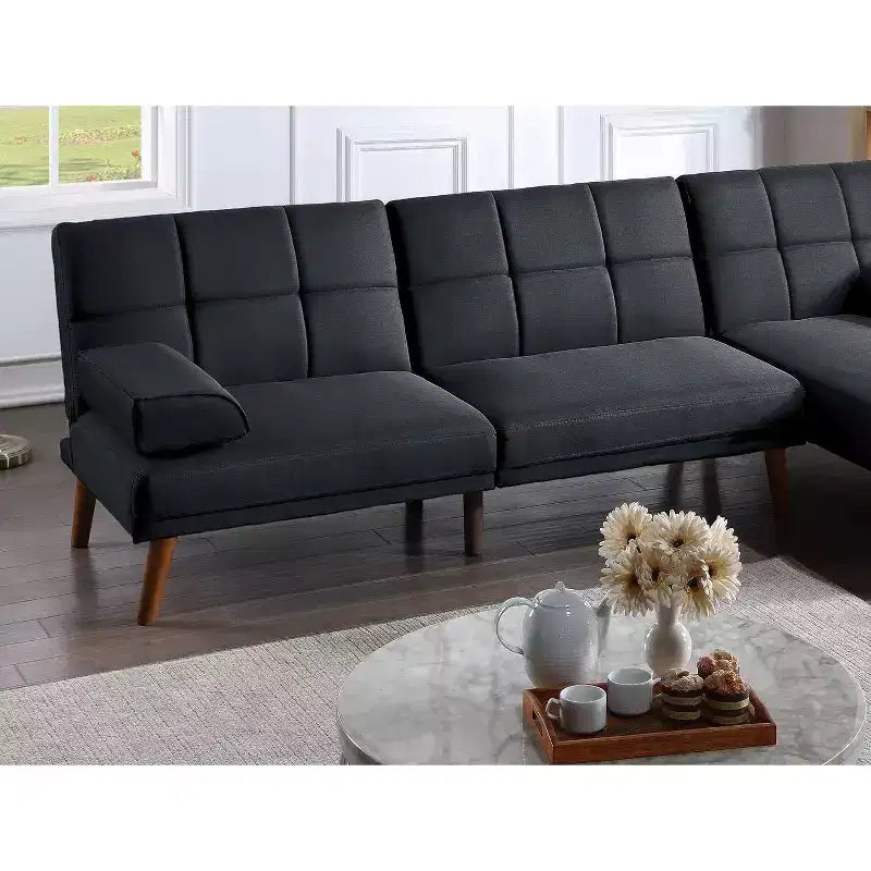 Divanetto letto tufted regolabile – Lino, Gambe in legno, 180 cm, 2 posti