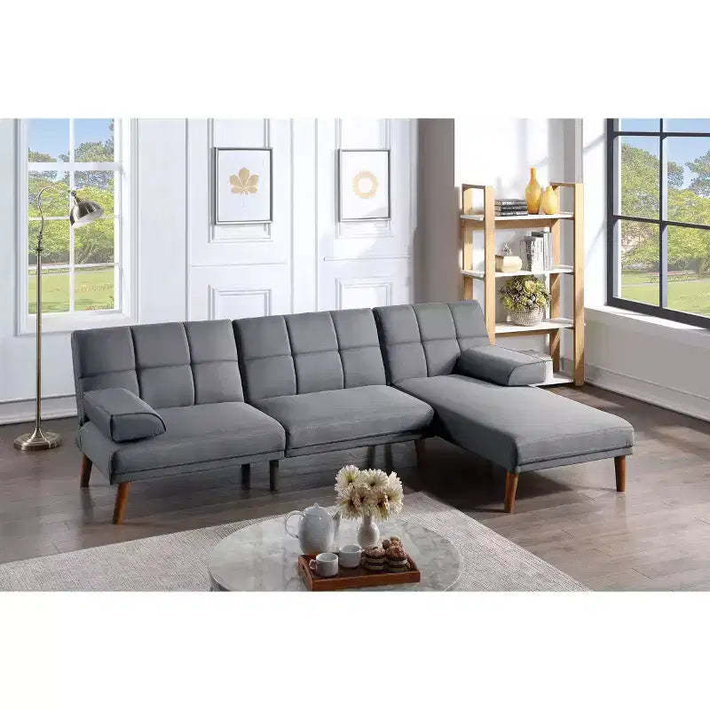 Divanetto letto tufted regolabile – Lino, Gambe in legno, 180 cm, 2 posti