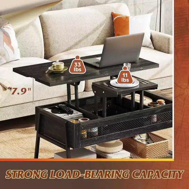 Tavolino da caffè 3 in 1 con piano sollevabile – Si trasforma in tavolo da pranzo, contenitore nascosto, nero