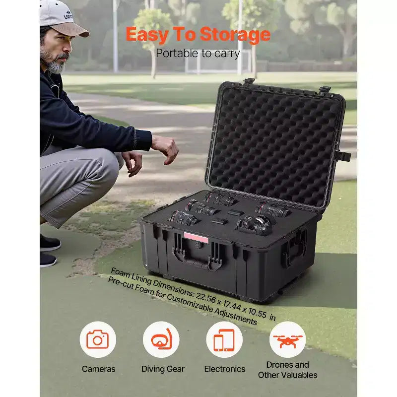 Valigia rigida resistente agli agenti atmosferici – Interno in schiuma pretagliata, impermeabilità IP67, ruote e maniglia estraibile, nera
