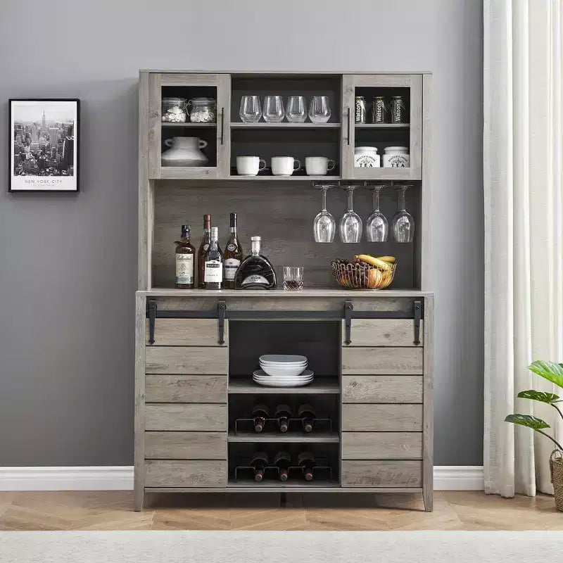 Mobiletto da 70" per Caffè in Stile Rustico – Porta Scorrevole a Fienile, Portabottiglie e Porta Bicchieri, Grigio