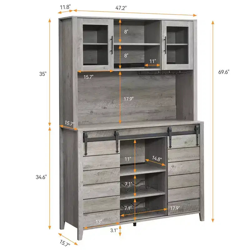 Mobiletto da 70" per Caffè in Stile Rustico – Porta Scorrevole a Fienile, Portabottiglie e Porta Bicchieri, Grigio