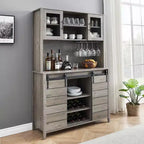 Mobiletto da 70" per Caffè in Stile Rustico – Porta Scorrevole a Fienile, Portabottiglie e Porta Bicchieri, Grigio