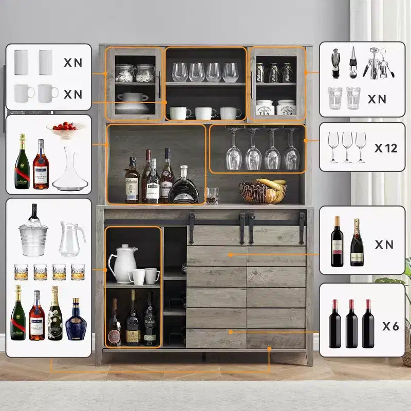 Mobiletto da 70" per Caffè in Stile Rustico – Porta Scorrevole a Fienile, Portabottiglie e Porta Bicchieri, Grigio