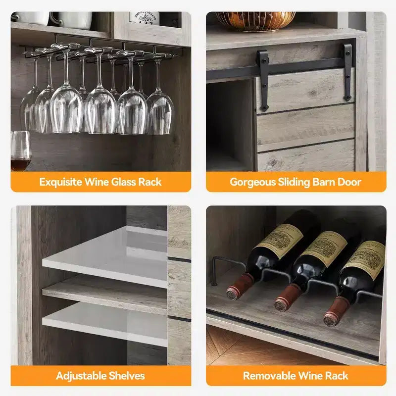Mobiletto da 70" per Caffè in Stile Rustico – Porta Scorrevole a Fienile, Portabottiglie e Porta Bicchieri, Grigio