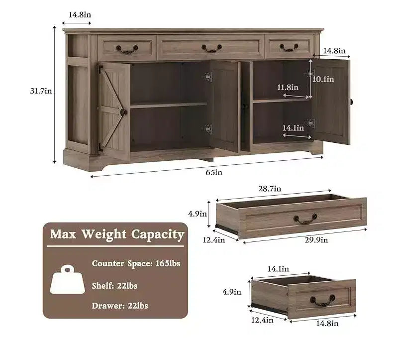 Credenza a buffet da fattoria da 65" – 3 cassetti e 4 ante, in legno massello di abete