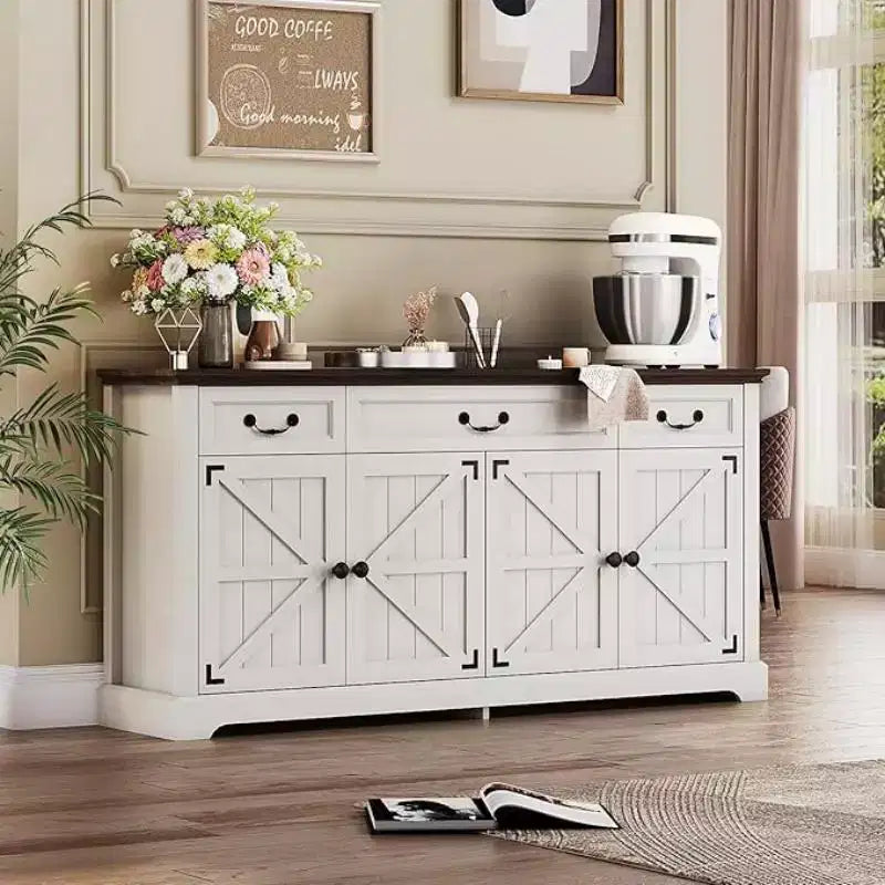 Credenza a buffet da fattoria da 65" – 3 cassetti e 4 ante, in legno massello di abete