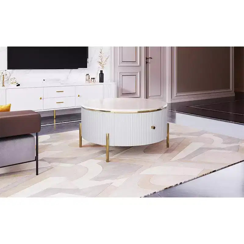 Tavolino da caffè rotondo con contenitore da 80 cm – 2 cassetti nascosti XL, salvaspazio, nero