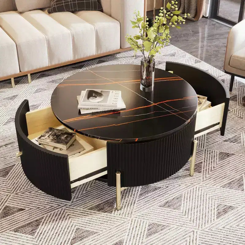 Tavolino da caffè rotondo con contenitore da 80 cm – 2 cassetti nascosti XL, salvaspazio, nero