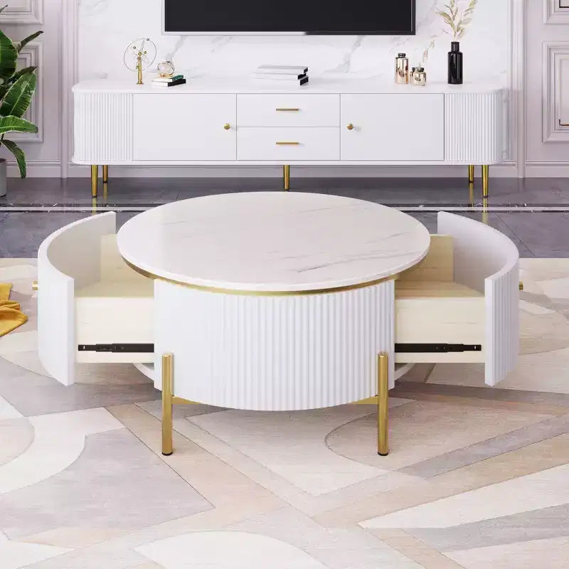 Tavolino da caffè rotondo con contenitore da 80 cm – 2 cassetti nascosti XL, salvaspazio, nero