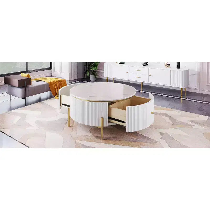 Tavolino da caffè rotondo con contenitore da 80 cm – 2 cassetti nascosti XL, salvaspazio, nero