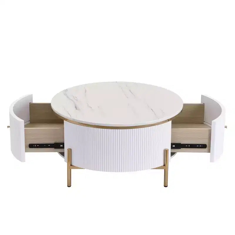 Tavolino da caffè rotondo con contenitore da 80 cm – 2 cassetti nascosti XL, salvaspazio, nero