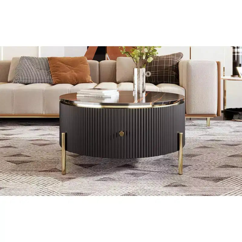 Tavolino da caffè rotondo con contenitore da 80 cm – 2 cassetti nascosti XL, salvaspazio, nero