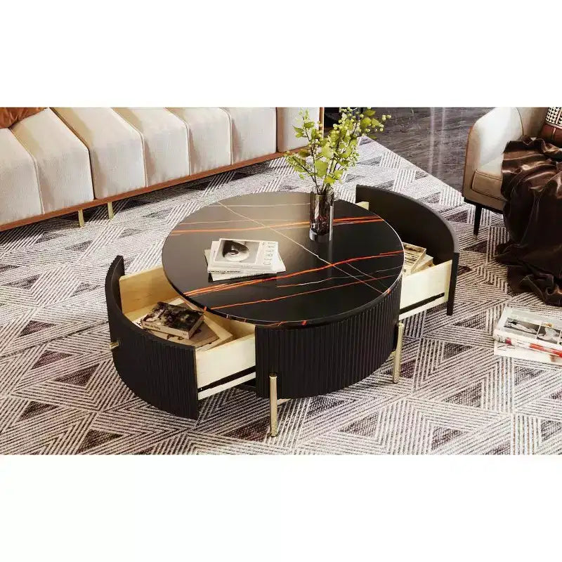 Tavolino da caffè rotondo con contenitore da 80 cm – 2 cassetti nascosti XL, salvaspazio, nero