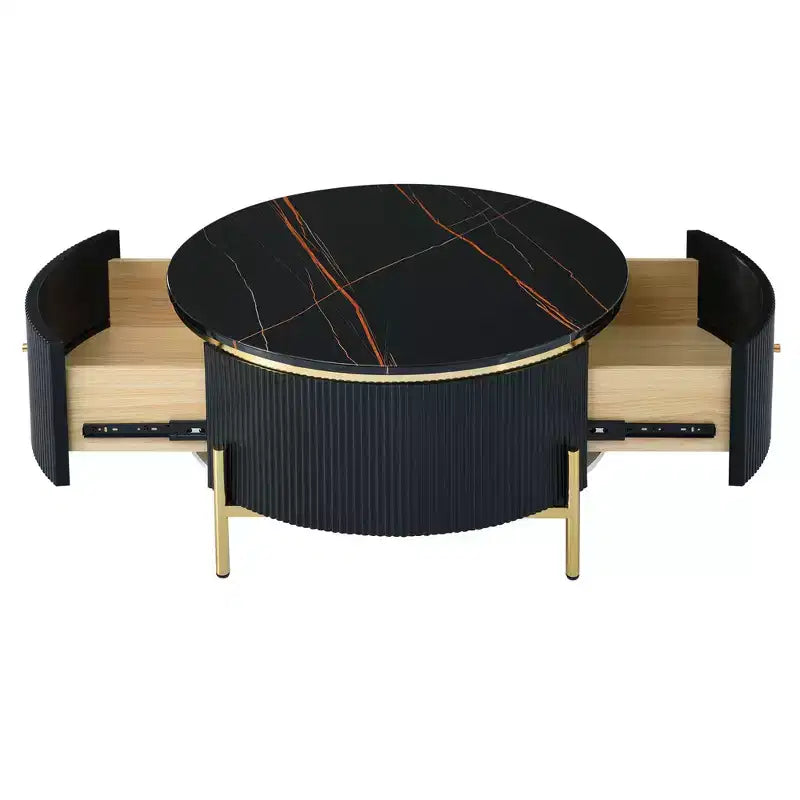 Tavolino da caffè rotondo con contenitore da 80 cm – 2 cassetti nascosti XL, salvaspazio, nero