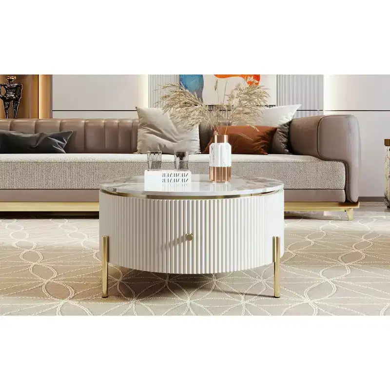 Tavolino da caffè rotondo con contenitore da 80 cm – 2 cassetti nascosti XL, salvaspazio, nero