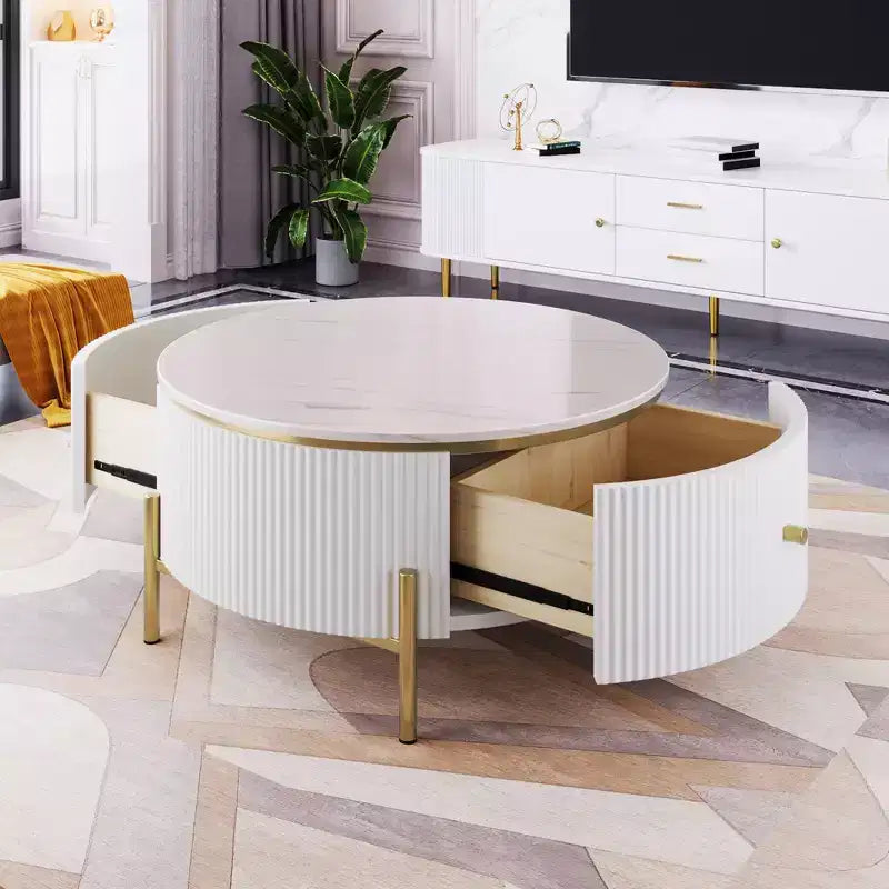 Tavolino da caffè rotondo con contenitore da 80 cm – 2 cassetti nascosti XL, salvaspazio, nero