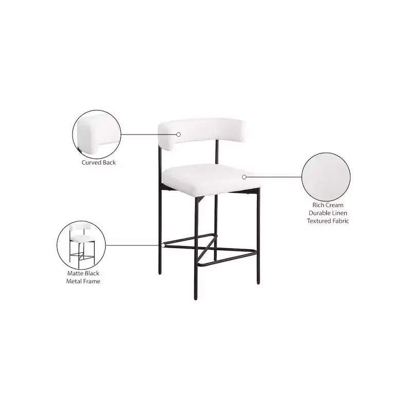 Cream Linen Counter Stools – Curved Back, Matte Black Frame, Set of 2