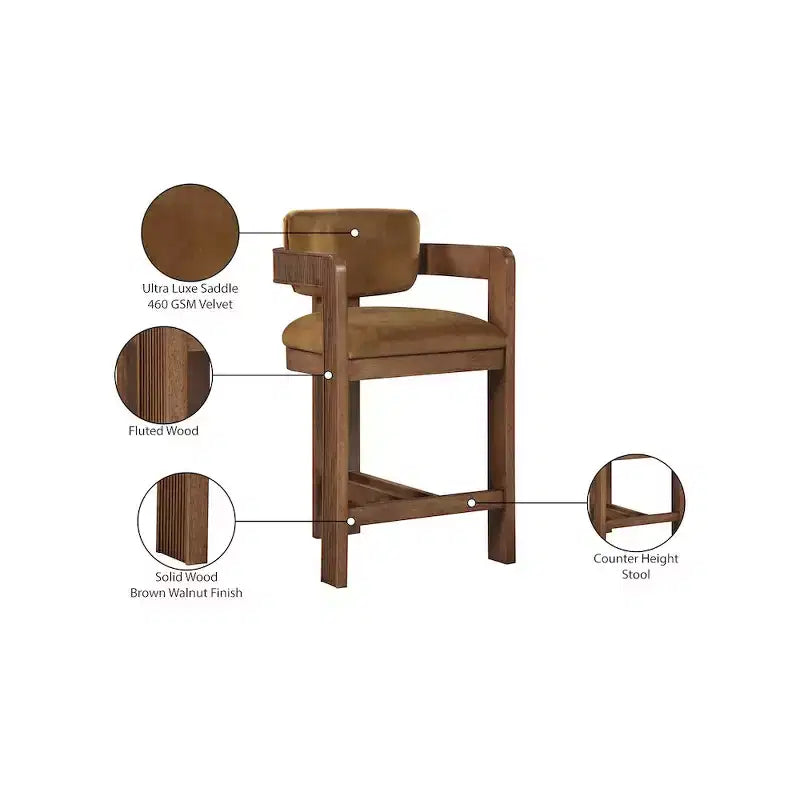 Sgabello Saddle Velvet Counter – Legno di noce scanalato, velluto 460 GSM