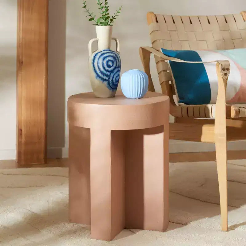 Round Accent Table – White Sculptural Cross Base, Modern Indoor Design