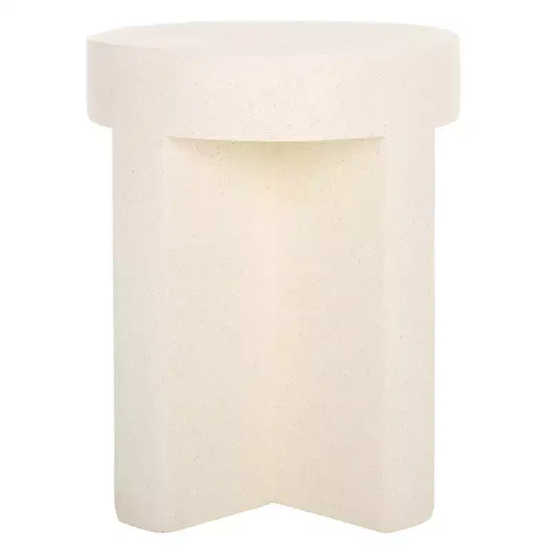 Round Accent Table – White Sculptural Cross Base, Modern Indoor Design