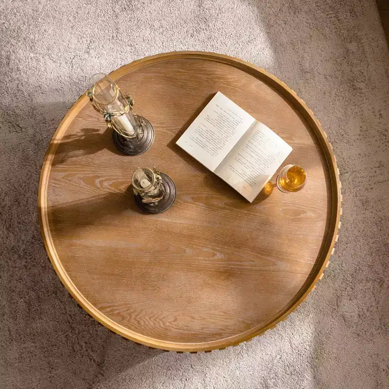 36" Round Wood Pedestal Coffee Table – Fluted Relief, Mushroom Silhouette