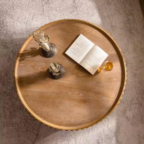 36" Round Wood Pedestal Coffee Table – Fluted Relief, Mushroom Silhouette