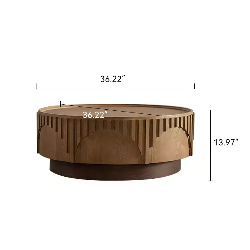 36" Round Wood Pedestal Coffee Table – Fluted Relief, Mushroom Silhouette