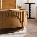 36" Round Wood Pedestal Coffee Table – Fluted Relief, Mushroom Silhouette