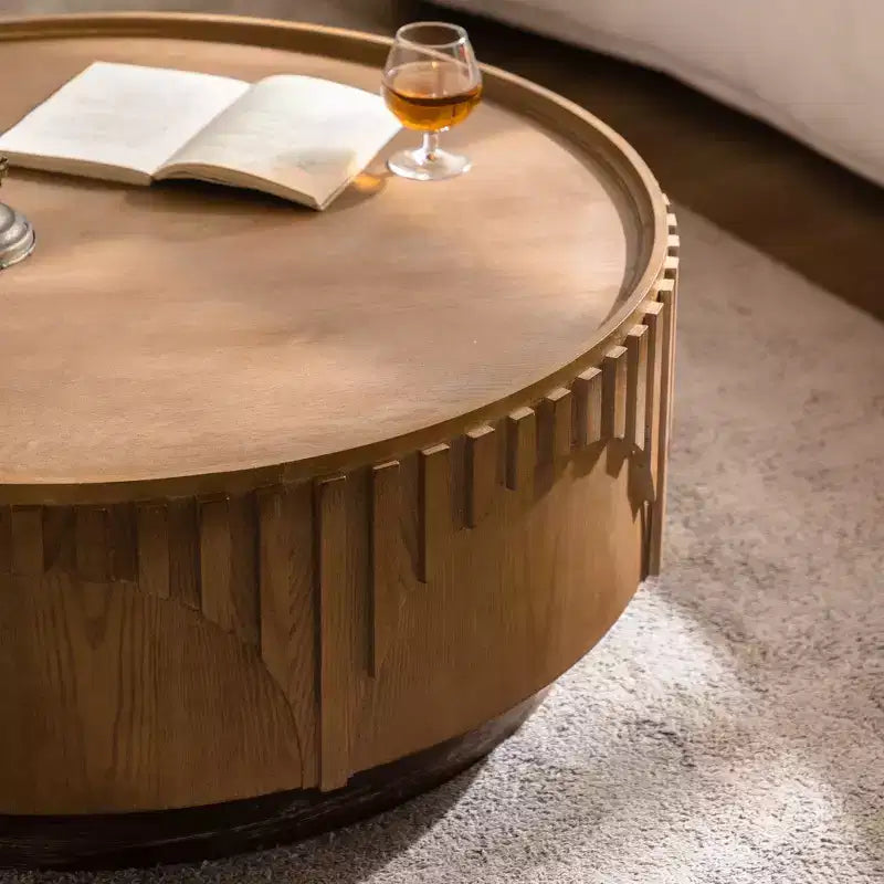 36" Round Wood Pedestal Coffee Table – Fluted Relief, Mushroom Silhouette