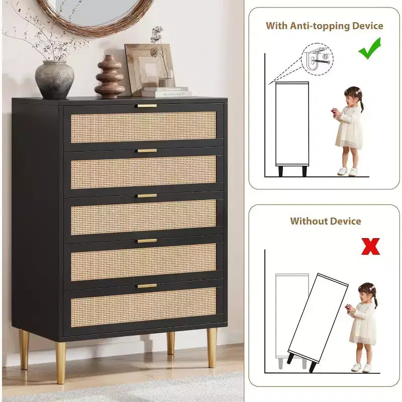 Cassettiera alta in rattan con 5 cassetti – Contenitore verticale salvaspazio con dettagli in metallo