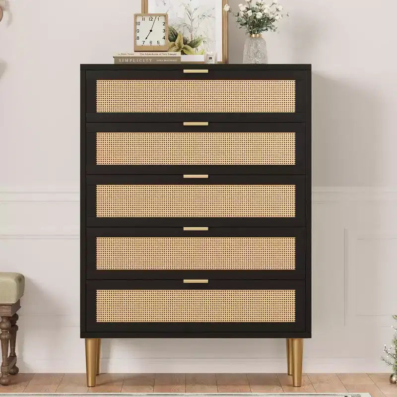 Cassettiera alta in rattan con 5 cassetti – Contenitore verticale salvaspazio con dettagli in metallo