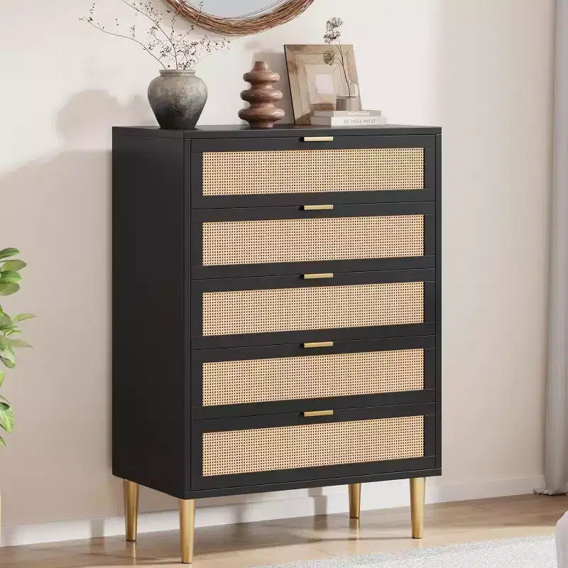 Cassettiera alta in rattan con 5 cassetti – Contenitore verticale salvaspazio con dettagli in metallo