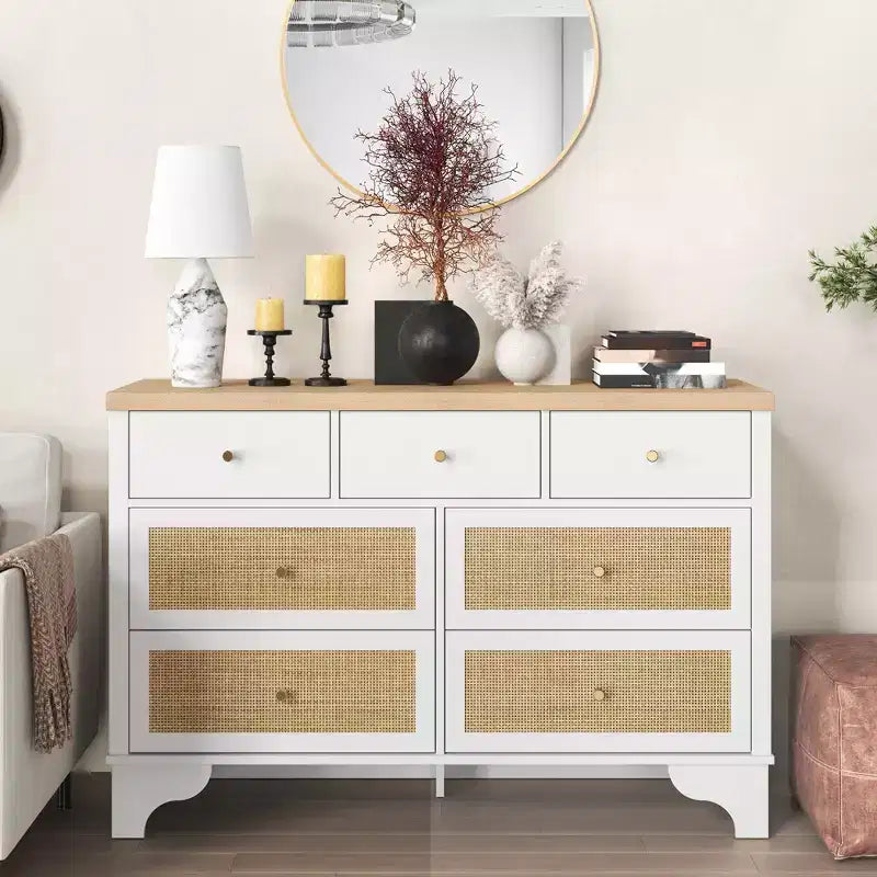 Cassettiera a 7 cassetti, cassettiere e comò moderni in legno di rattan naturale per camera da letto, cassettiera organizer larga con cassetti profondi