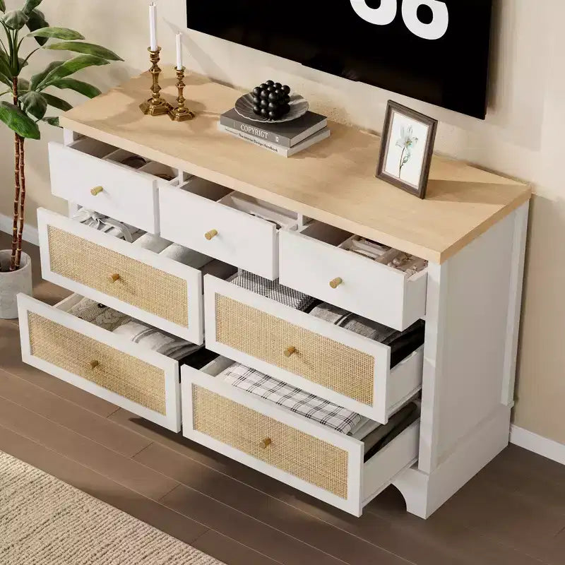 Cassettiera a 7 cassetti, cassettiere e comò moderni in legno di rattan naturale per camera da letto, cassettiera organizer larga con cassetti profondi