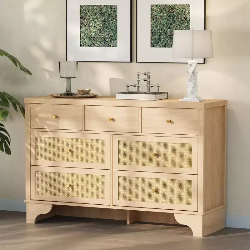 Cassettiera a 7 cassetti, cassettiere e comò moderni in legno di rattan naturale per camera da letto, cassettiera organizer larga con cassetti profondi