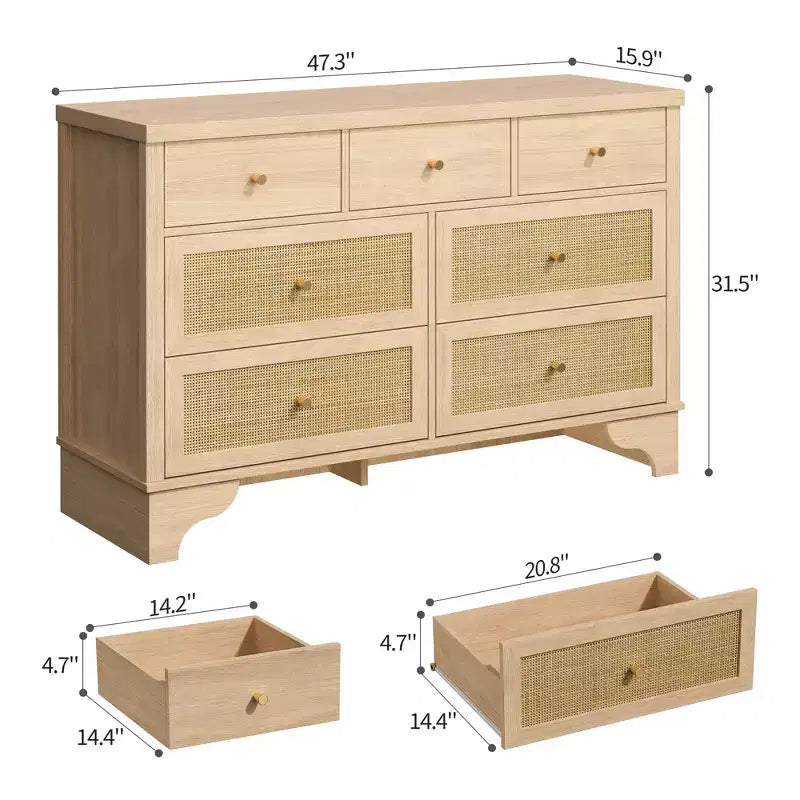 Cassettiera a 7 cassetti, cassettiere e comò moderni in legno di rattan naturale per camera da letto, cassettiera organizer larga con cassetti profondi