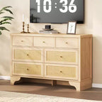 Cassettiera a 7 cassetti, cassettiere e comò moderni in legno di rattan naturale per camera da letto, cassettiera organizer larga con cassetti profondi
