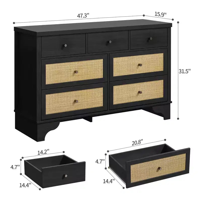 Cassettiera a 7 cassetti, cassettiere e comò moderni in legno di rattan naturale per camera da letto, cassettiera organizer larga con cassetti profondi