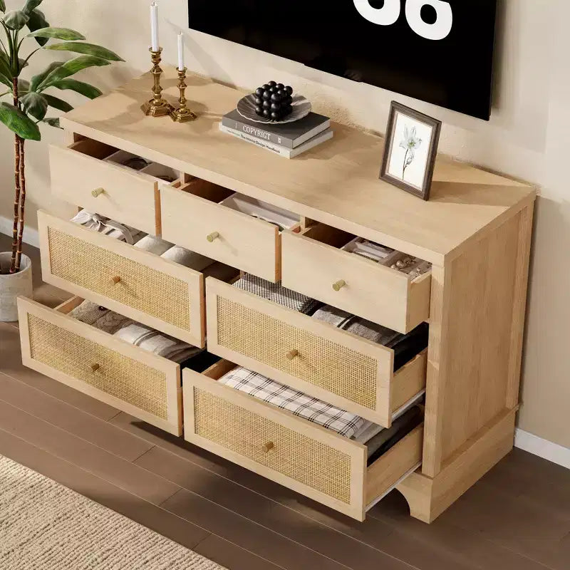 Cassettiera a 7 cassetti, cassettiere e comò moderni in legno di rattan naturale per camera da letto, cassettiera organizer larga con cassetti profondi