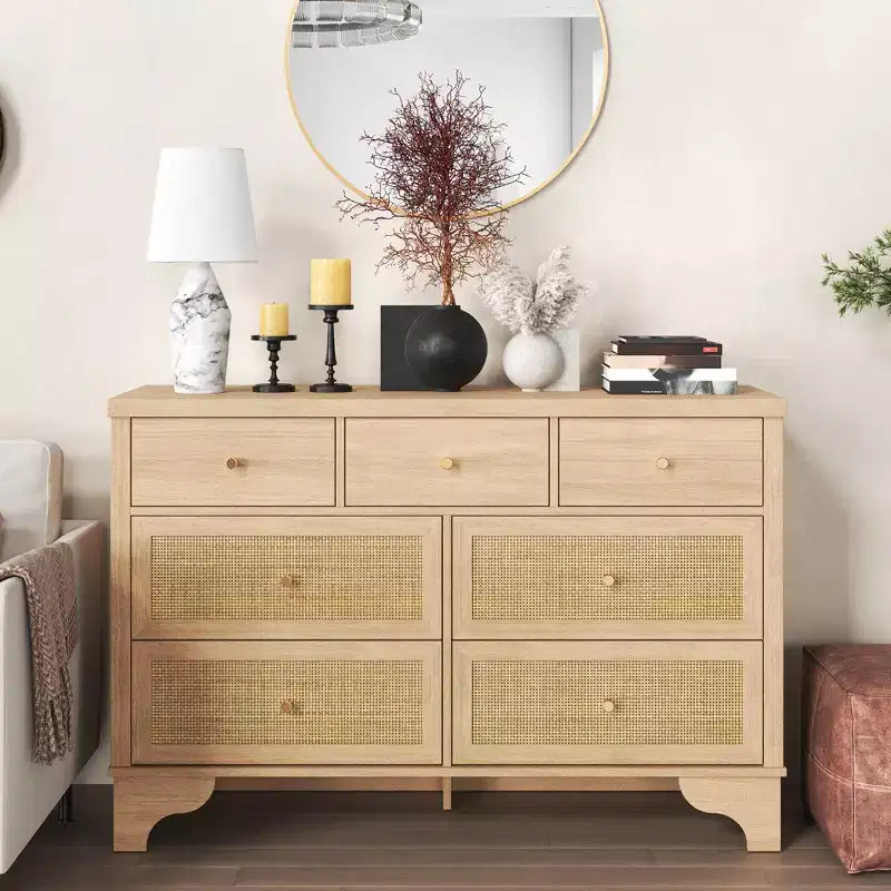 Cassettiera a 7 cassetti, cassettiere e comò moderni in legno di rattan naturale per camera da letto, cassettiera organizer larga con cassetti profondi