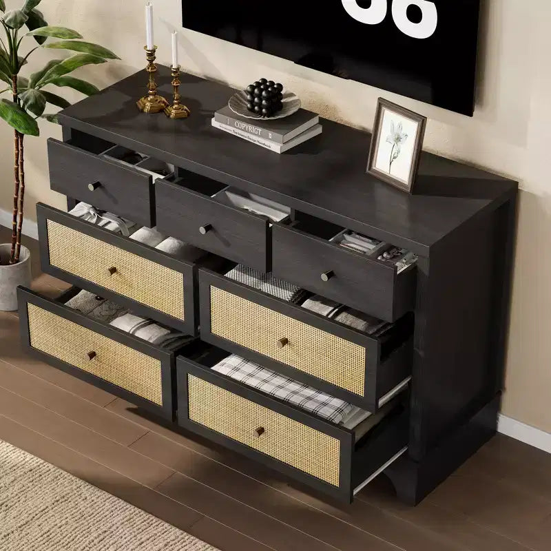 Cassettiera a 7 cassetti, cassettiere e comò moderni in legno di rattan naturale per camera da letto, cassettiera organizer larga con cassetti profondi