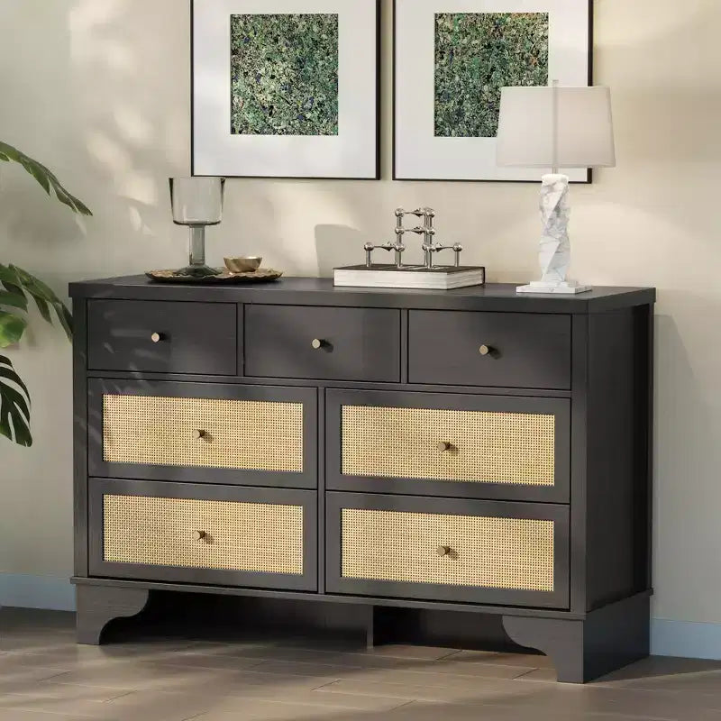 Cassettiera a 7 cassetti, cassettiere e comò moderni in legno di rattan naturale per camera da letto, cassettiera organizer larga con cassetti profondi