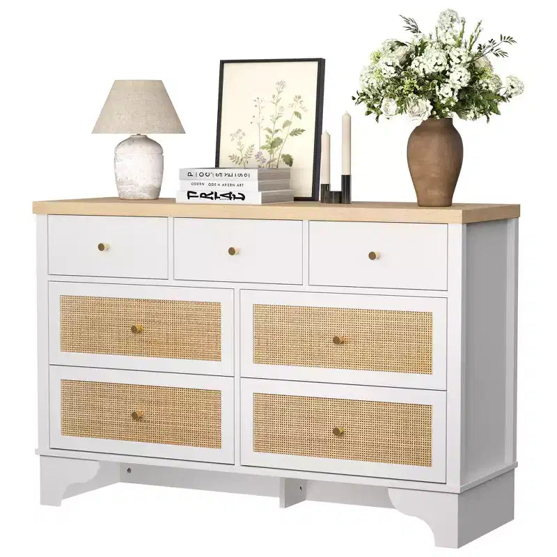 Cassettiera a 7 cassetti, cassettiere e comò moderni in legno di rattan naturale per camera da letto, cassettiera organizer larga con cassetti profondi