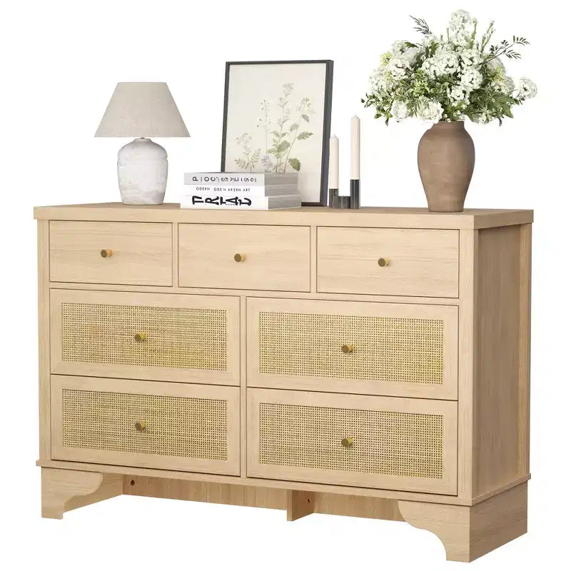 Cassettiera a 7 cassetti, cassettiere e comò moderni in legno di rattan naturale per camera da letto, cassettiera organizer larga con cassetti profondi