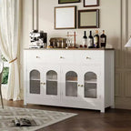 Credenza Madia Buffet da 140 cm, Mobile Bar da Caffè in Legno con Ante in Vetro e 3 Cassetti, Tavolo Console Multimediale Moderno, Armadio Dispensa per Cucina